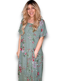 MID SLEEVE MAXI DRESS LINEN LINGONBERRY SAGE