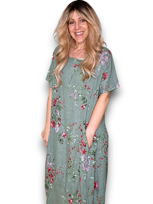MID SLEEVE MAXI DRESS LINEN LINGONBERRY SAGE
