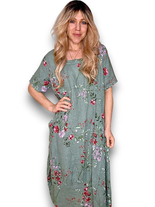 MID SLEEVE MAXI DRESS LINEN LINGONBERRY SAGE