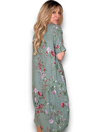 MID SLEEVE MAXI DRESS LINEN LINGONBERRY SAGE