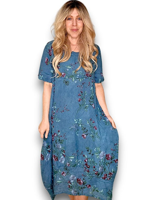 MID SLEEVE MAXI DRESS LINEN LINGONBERRY DARK EMERALD