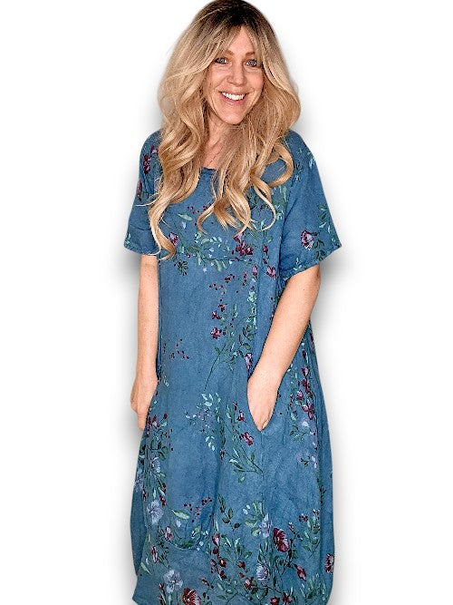 MID SLEEVE MAXI DRESS LINEN LINGONBERRY DARK EMERALD