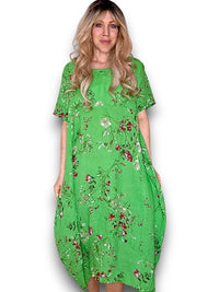 MID SLEEVE MAXI DRESS LINEN LINGONBERRY BRIGHT GREEN