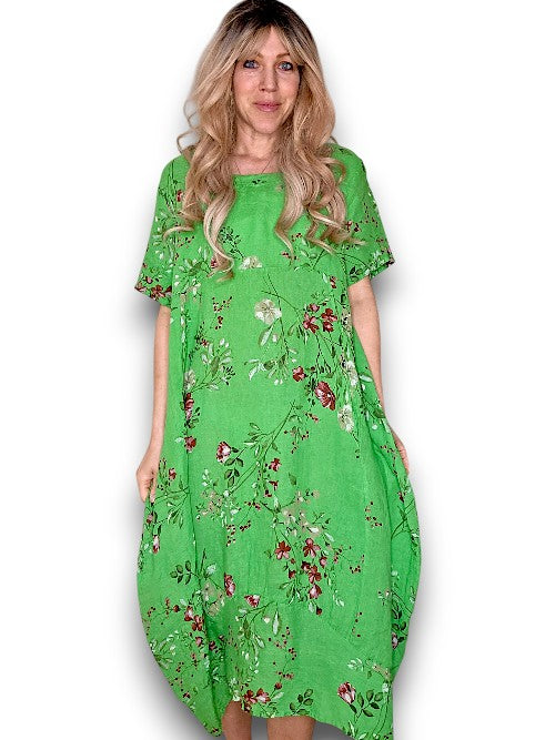 MID SLEEVE MAXI DRESS LINEN LINGONBERRY BRIGHT GREEN