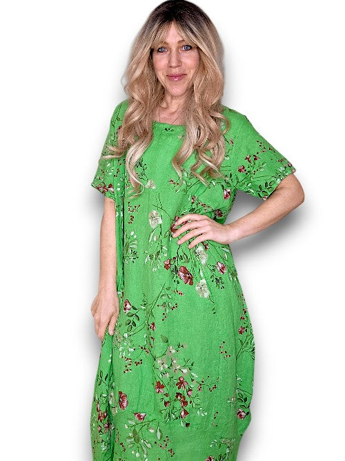 MID SLEEVE MAXI DRESS LINEN LINGONBERRY BRIGHT GREEN