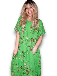 MID SLEEVE MAXI DRESS LINEN LINGONBERRY BRIGHT GREEN
