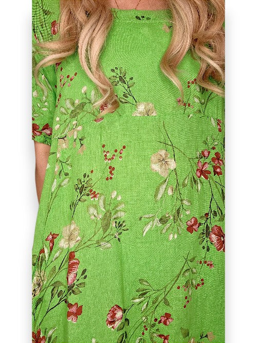 MID SLEEVE MAXI DRESS LINEN LINGONBERRY BRIGHT GREEN