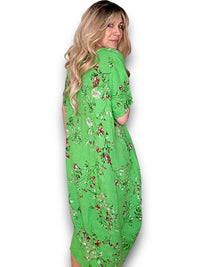MID SLEEVE MAXI DRESS LINEN LINGONBERRY BRIGHT GREEN