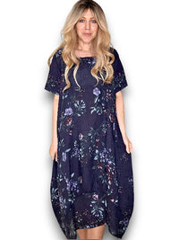 MID SLEEVE MAXI DRESS LINEN LINGONBERRY NAVY