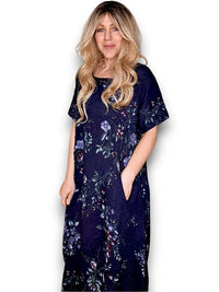 MID SLEEVE MAXI DRESS LINEN LINGONBERRY NAVY