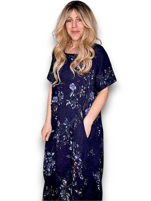 MID SLEEVE MAXI DRESS LINEN LINGONBERRY NAVY