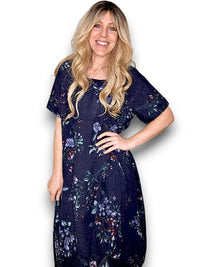 MID SLEEVE MAXI DRESS LINEN LINGONBERRY NAVY