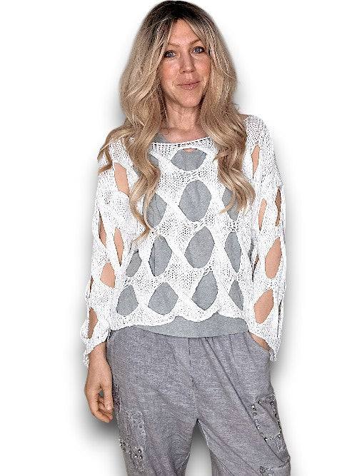 DIAMOND HOLLOW LONG SLEEVE KNIT WHITE