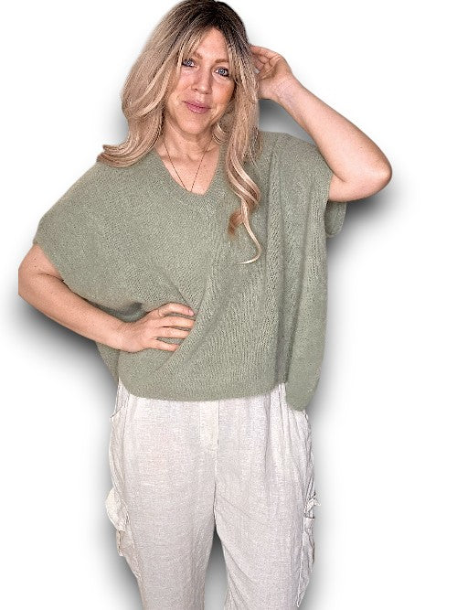 BABY ALPACA V NECK KNIT VEST SOFT GREEN