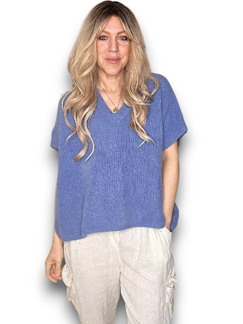 BABY ALPACA V NECK KNIT VEST CORNFLOWER BLUE