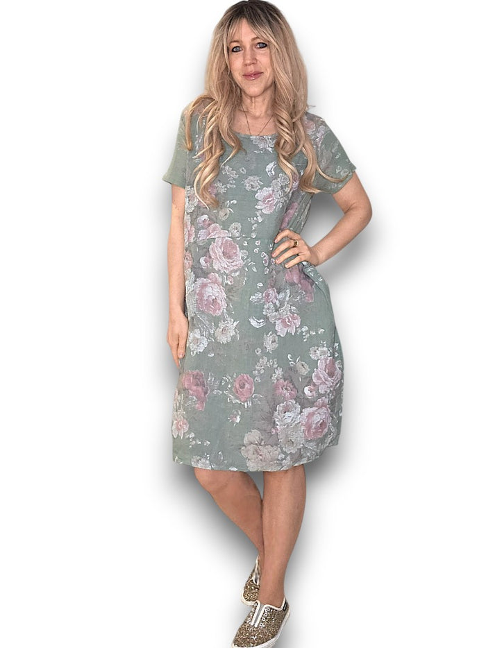 JUNGLE DRESS LINEN SCARLETT ROSE SAGE GREEN