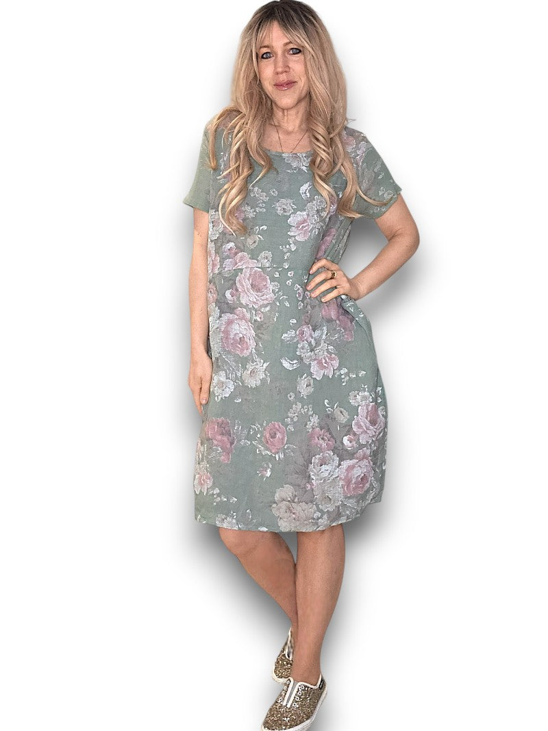 JUNGLE DRESS LINEN SCARLETT ROSE SAGE GREEN