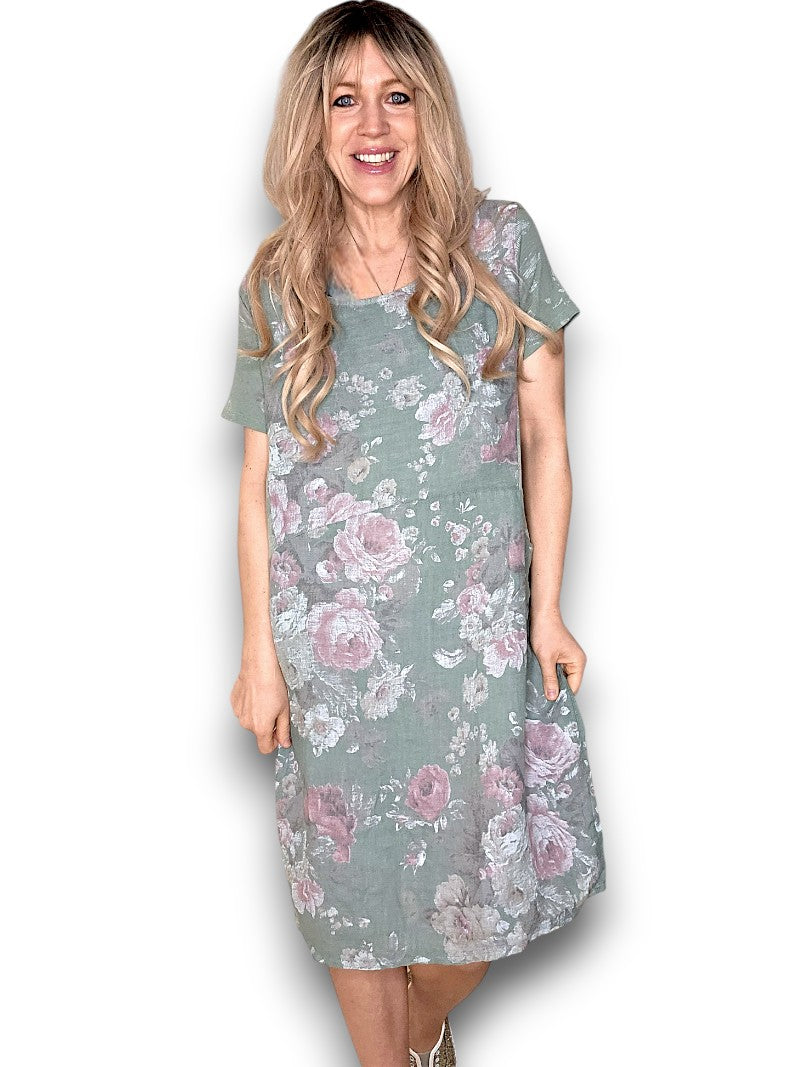 JUNGLE DRESS LINEN SCARLETT ROSE SAGE GREEN