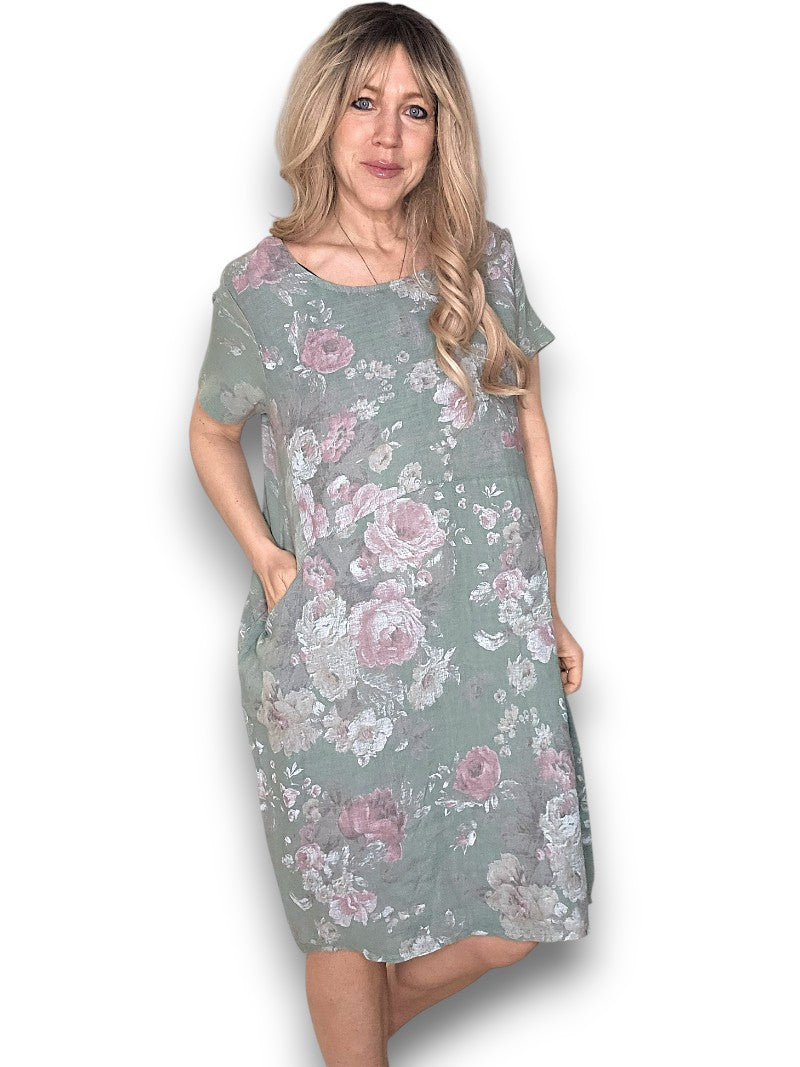 JUNGLE DRESS LINEN SCARLETT ROSE SAGE GREEN