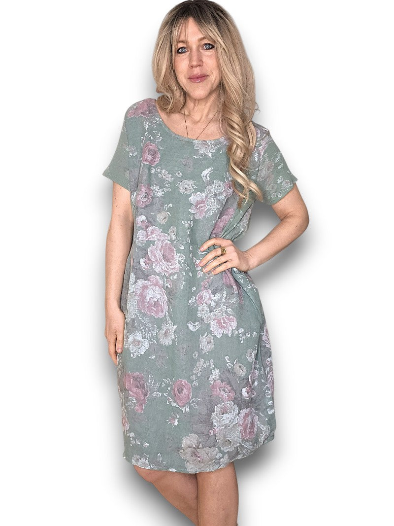 JUNGLE DRESS LINEN SCARLETT ROSE SAGE GREEN