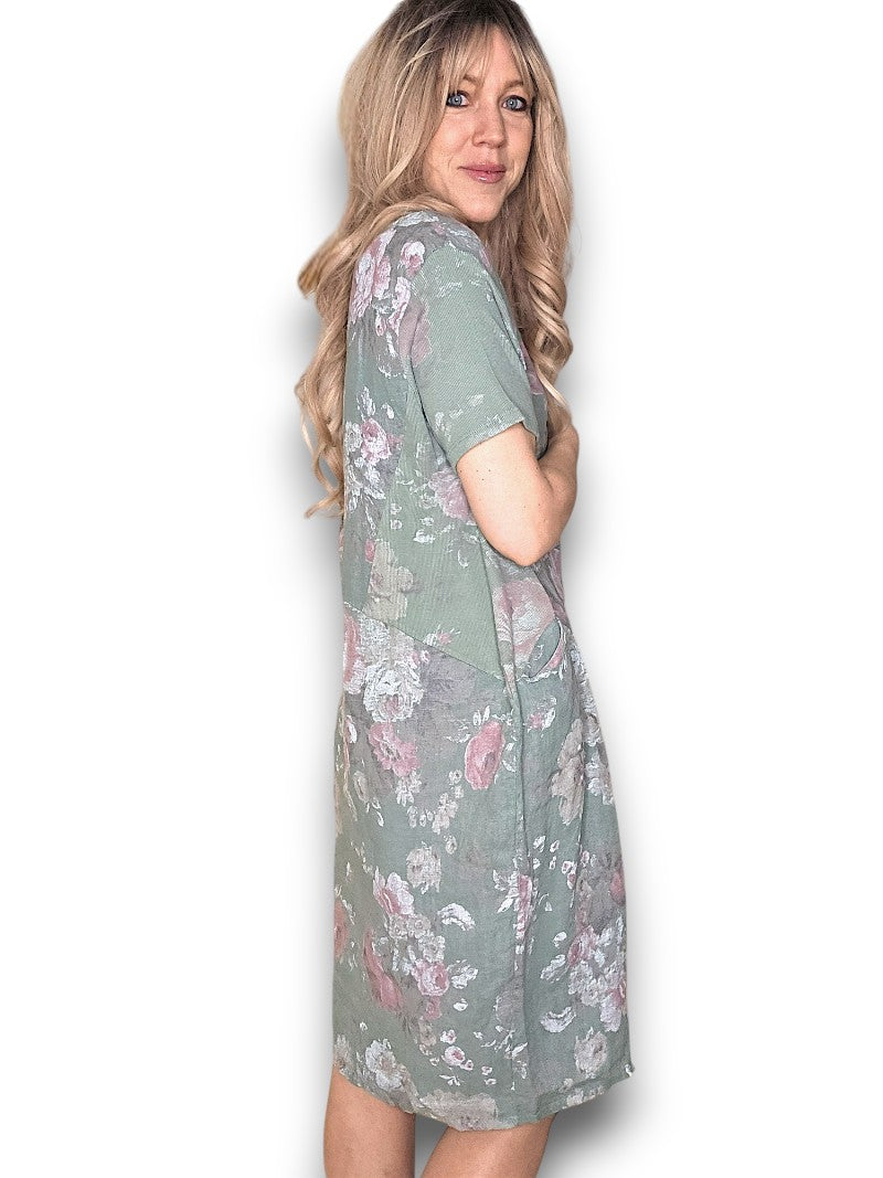 JUNGLE DRESS LINEN SCARLETT ROSE SAGE GREEN
