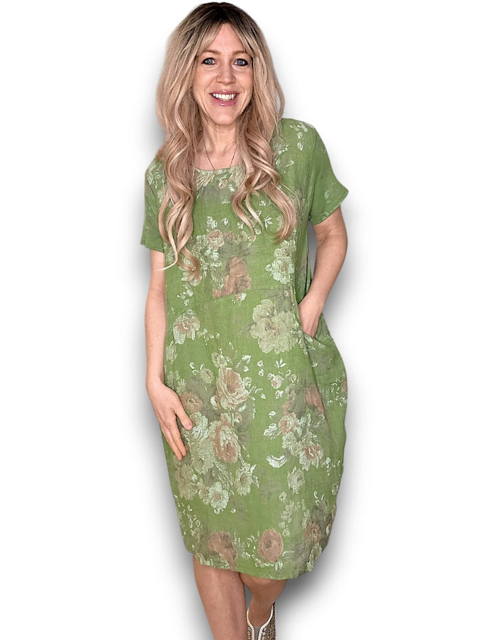 JUNGLE DRESS LINEN SCARLETT ROSE GREEN IVY