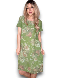 JUNGLE DRESS LINEN SCARLETT ROSE GREEN IVY