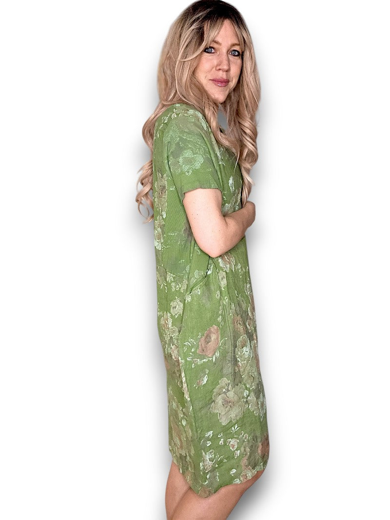 JUNGLE DRESS LINEN SCARLETT ROSE GREEN IVY
