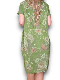 JUNGLE DRESS LINEN SCARLETT ROSE GREEN IVY