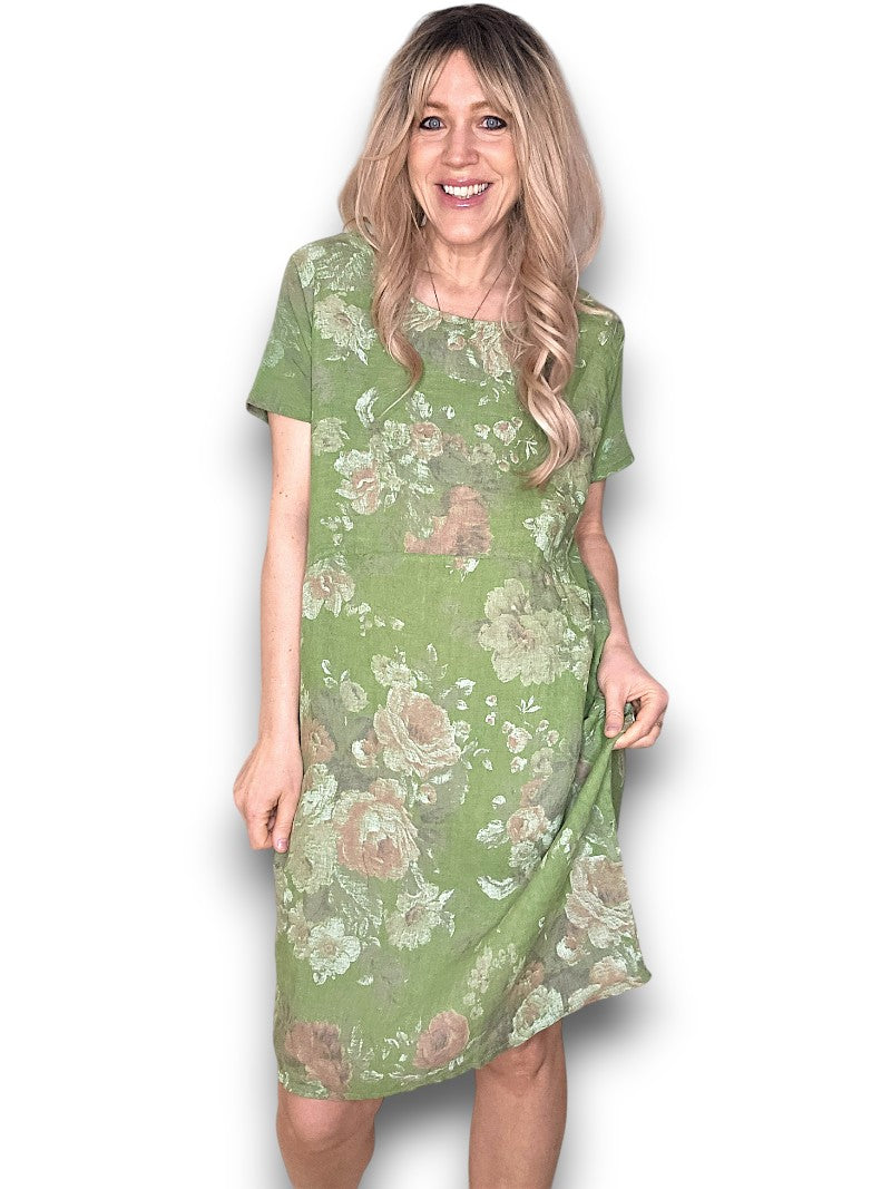 JUNGLE DRESS LINEN SCARLETT ROSE GREEN IVY