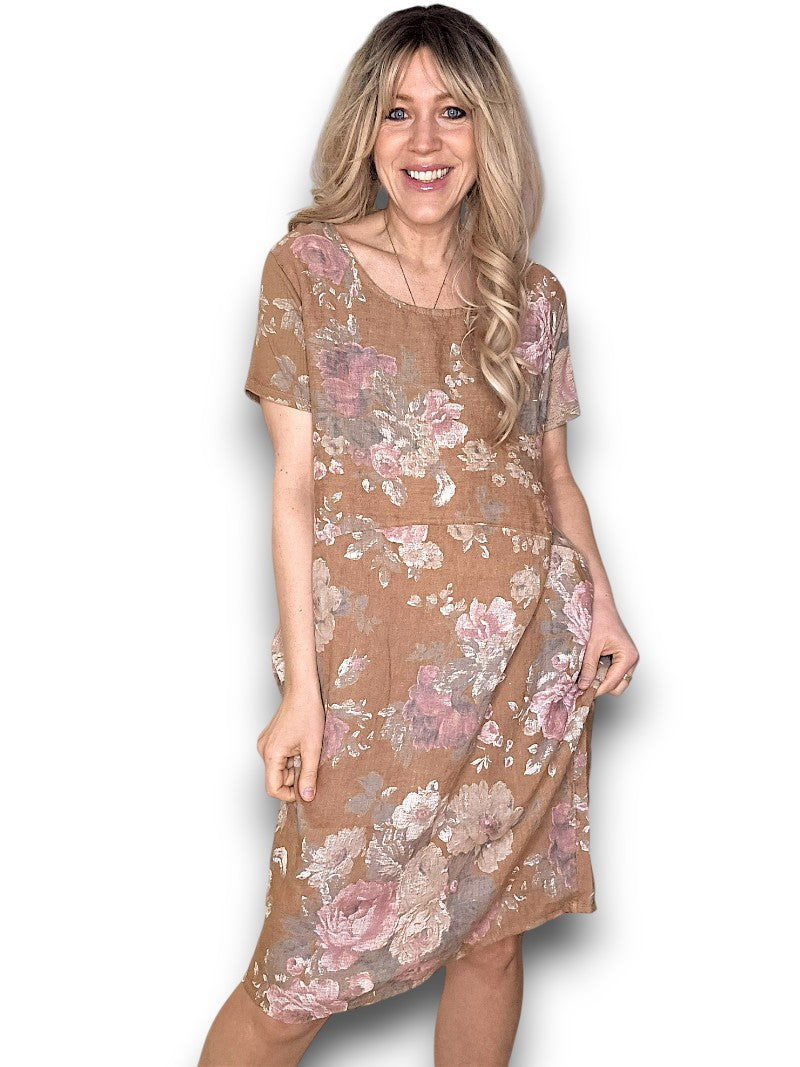 JUNGLE DRESS LINEN SCARLETT ROSE HAZELNUT