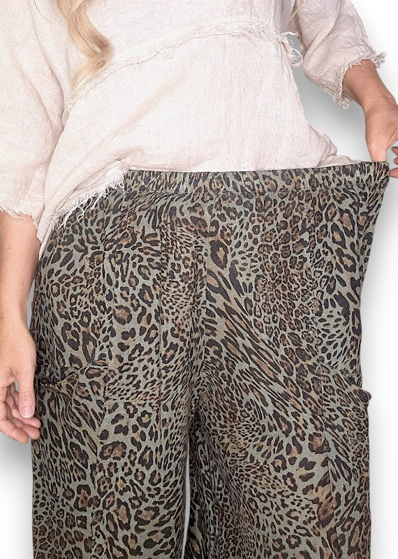 BARREL LINEN PANTS LEOPARD MOCHA