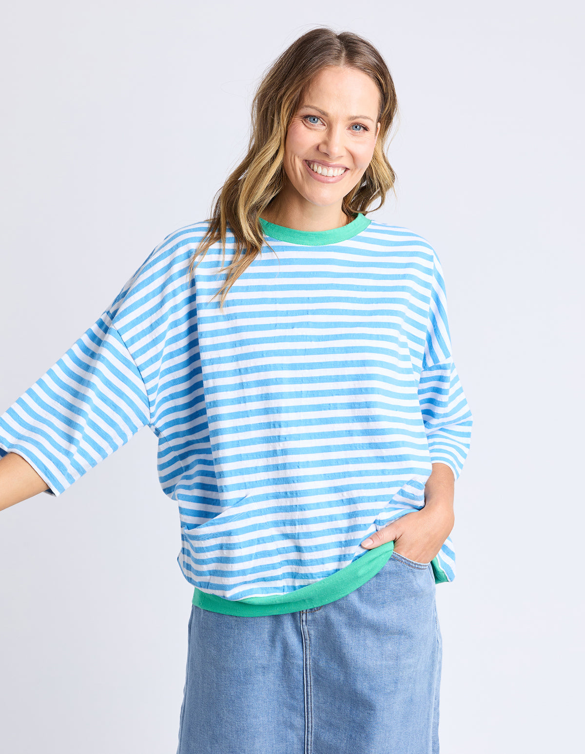 MAZIE RINGER SWEAT CONTRAST NECK BLUE STRIPE