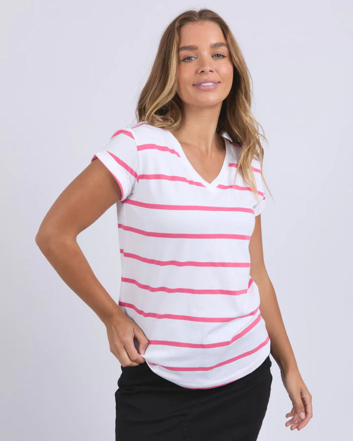 MANLY STRIPE VEE TEE HOT PINK