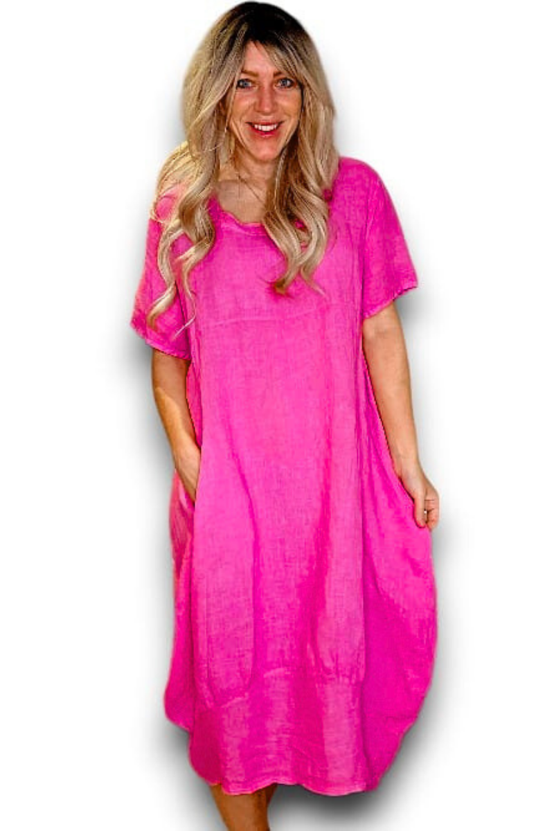 MID SLEEVE MAXI DRESS LINEN HOT PINK