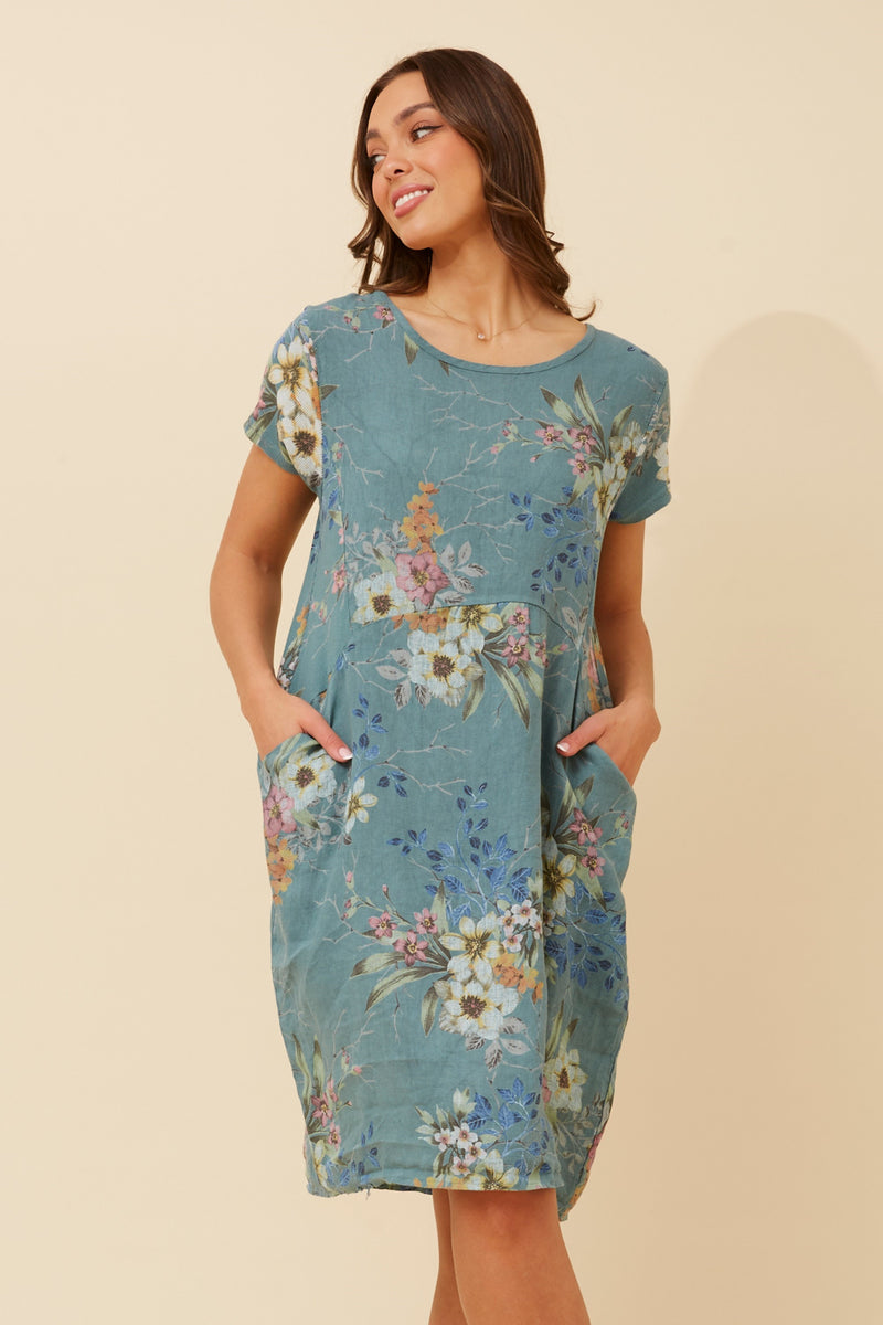 FOREST LINEN RIB SIDE DRESS FLORAL VERDE