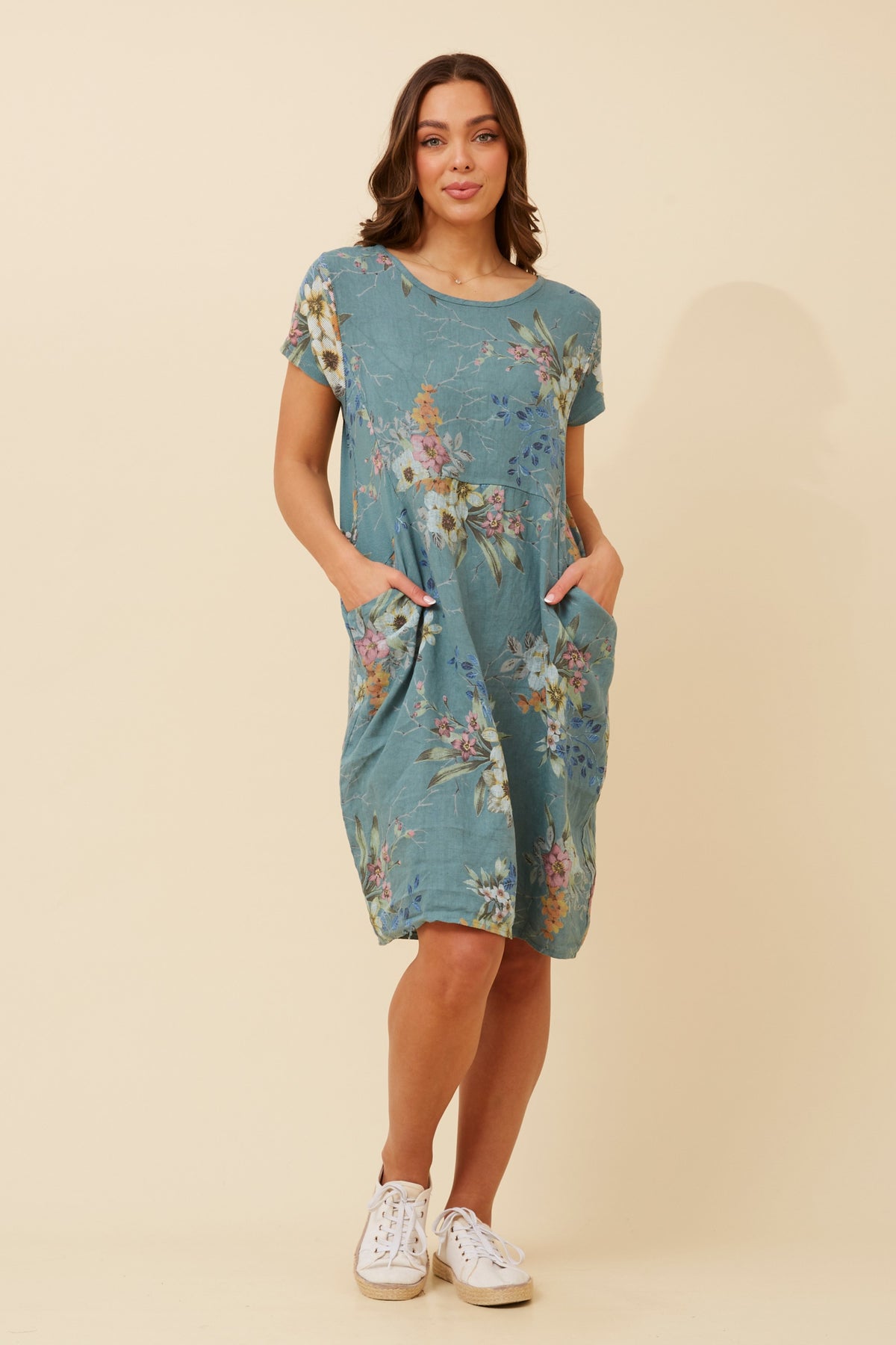 FOREST LINEN RIB SIDE DRESS FLORAL VERDE