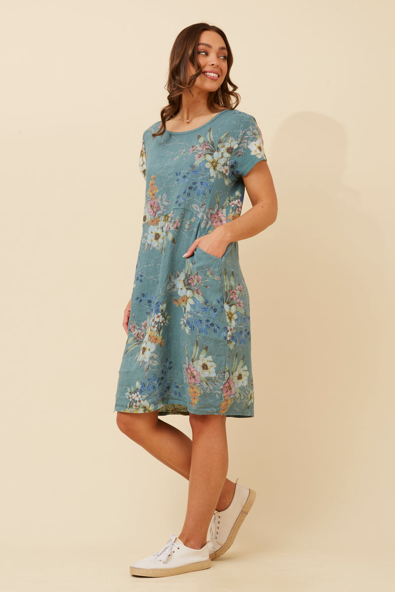 FOREST LINEN RIB SIDE DRESS FLORAL VERDE