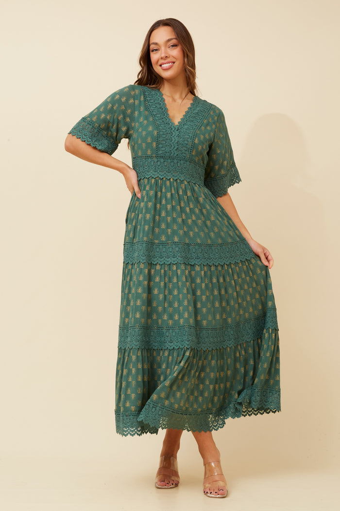 GREEN ASH LACE TRIM DRESS