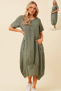 LINEN MID SLEEVE MAXI DRESS KHAKI