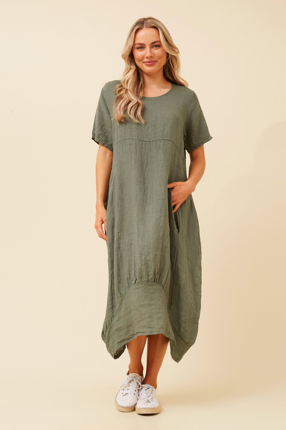 LINEN MID SLEEVE MAXI DRESS KHAKI