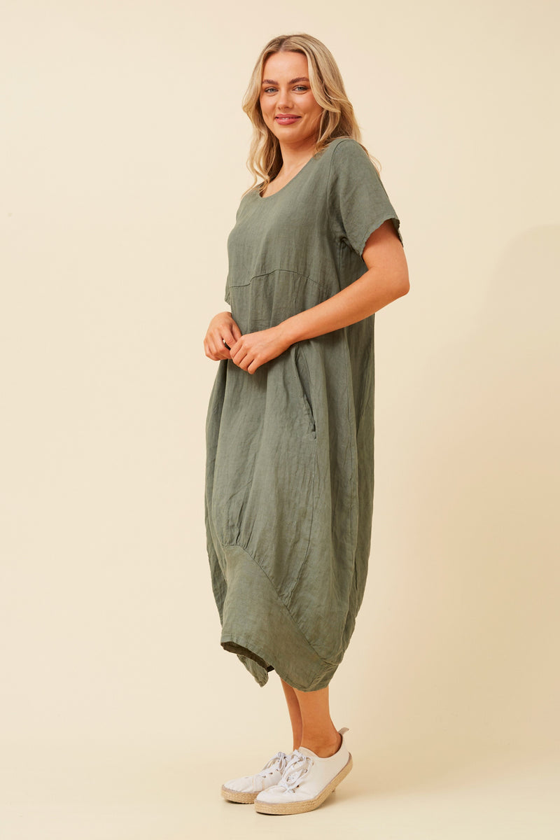 LINEN MID SLEEVE MAXI DRESS KHAKI