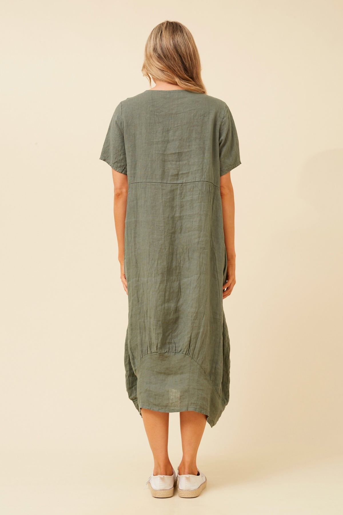 LINEN MID SLEEVE MAXI DRESS KHAKI