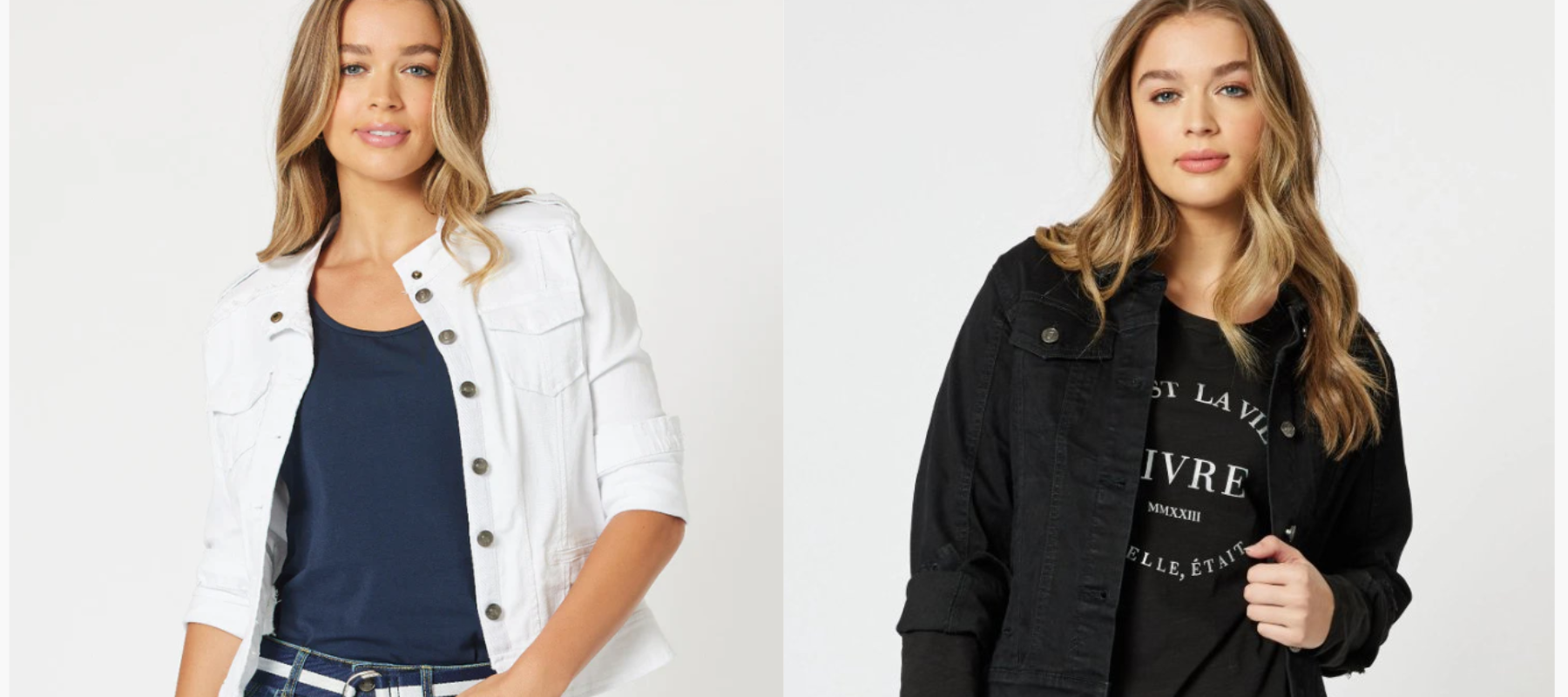 Denim jackets worn by two women in Black with a collar and White in a military style on a beige background. 