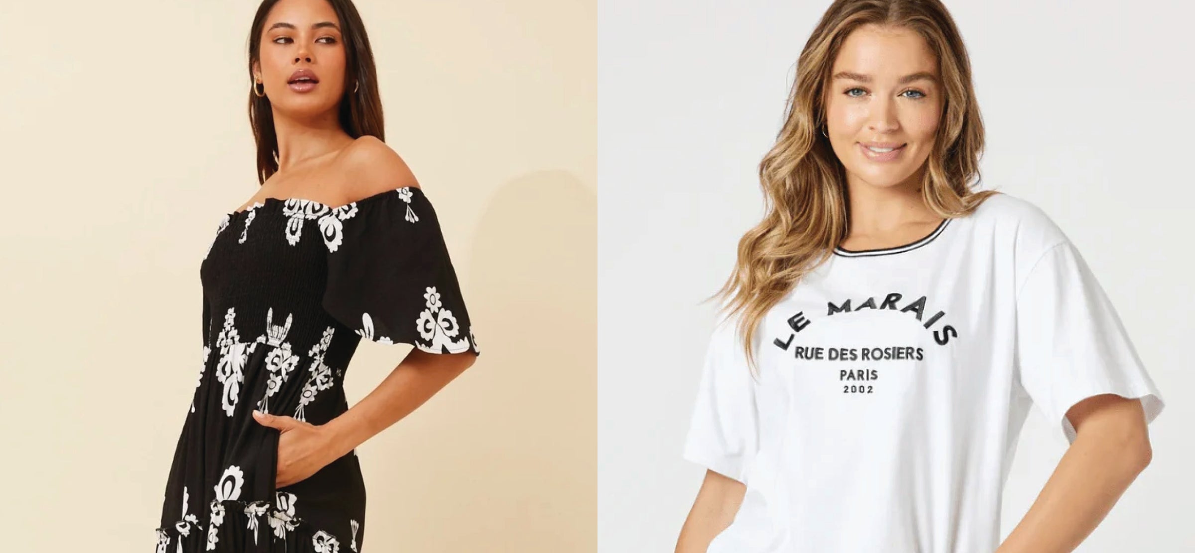 Two women wearing stylish outfits, one a t-shirt and one a dress, with text and graphics on a beige background