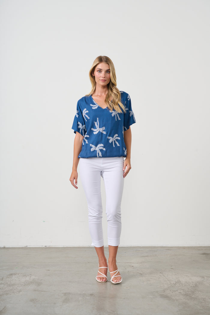 ELASTIC HEM BLOUSE PALMS PRINT
