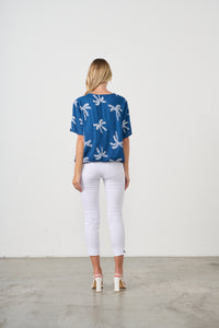 ELASTIC HEM BLOUSE PALMS PRINT