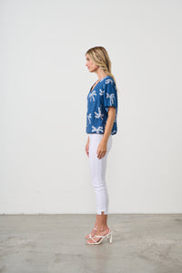 ELASTIC HEM BLOUSE PALMS PRINT