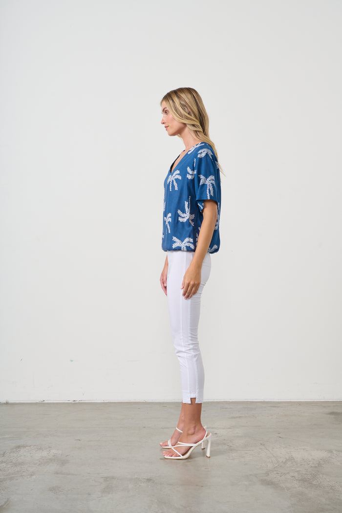 ELASTIC HEM BLOUSE PALMS PRINT