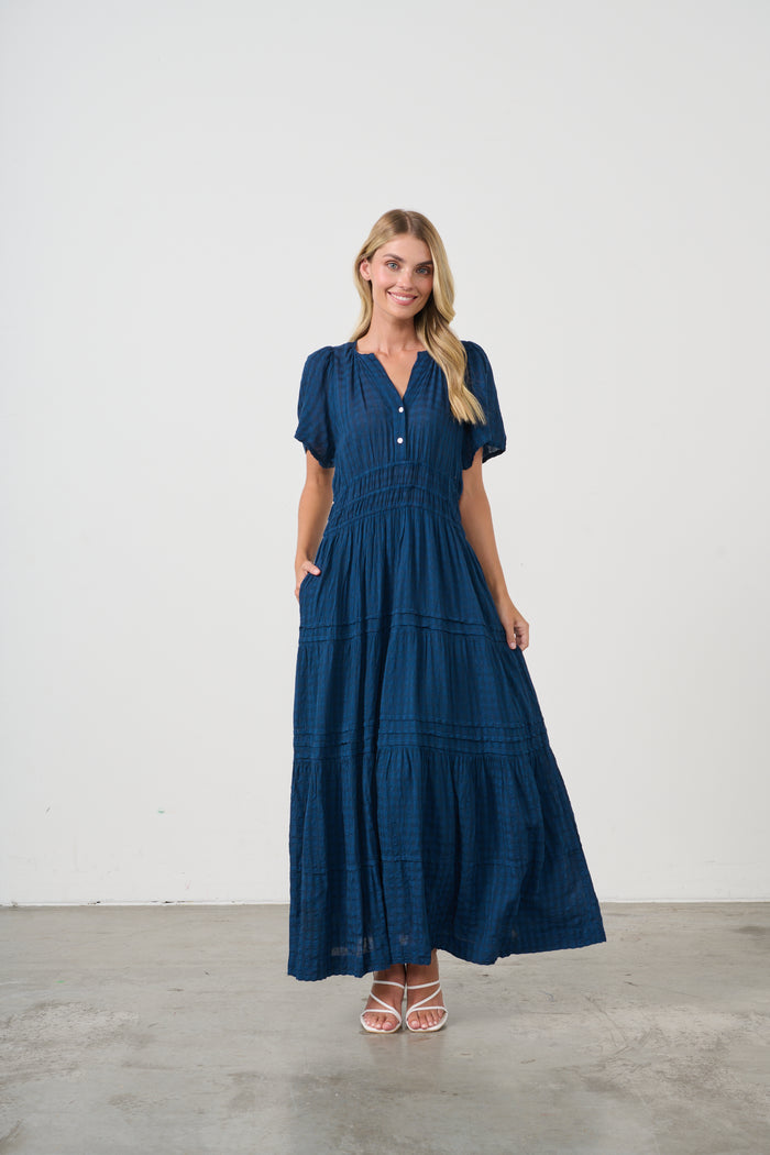 SEERSUCKER DRESS SIDE POCKETS OXFORD BLUE